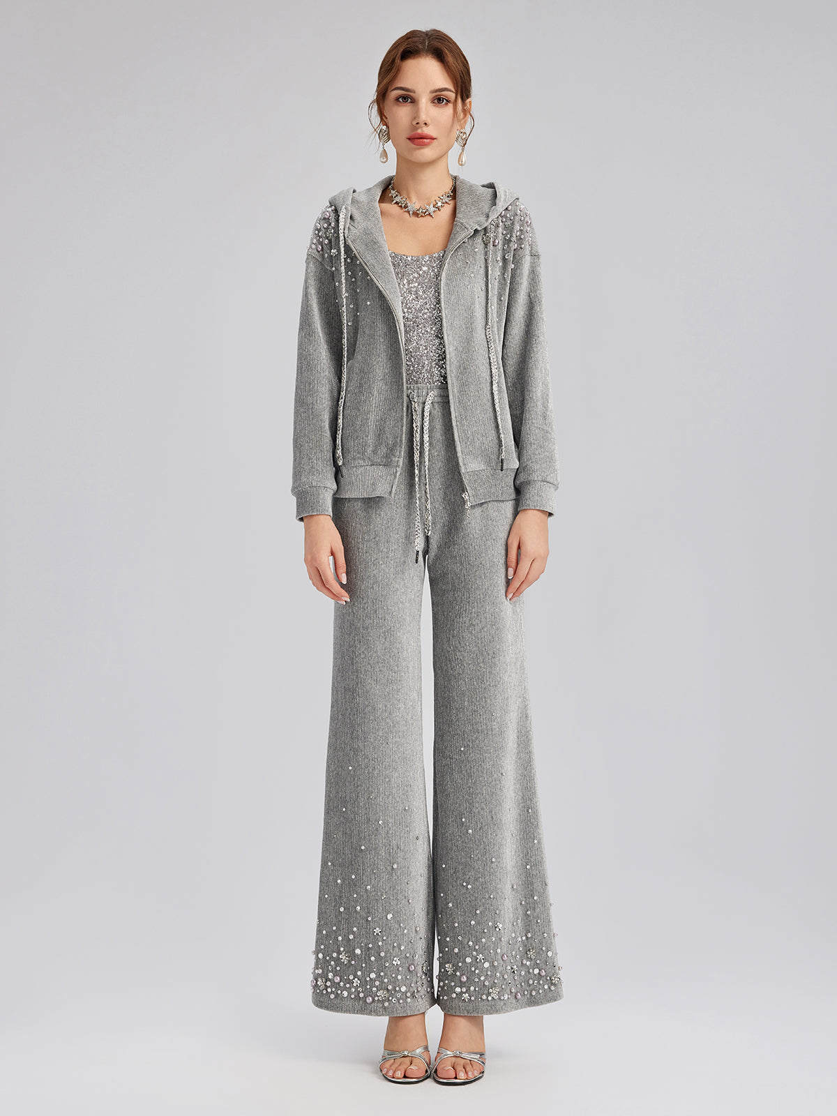 Chenille Ribbed Beaded Hooded Zip Jacket