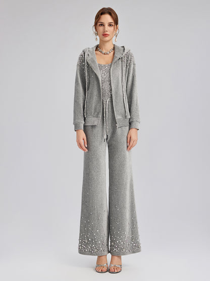 Chenille Ribbed Beaded Hooded Zip Jacket