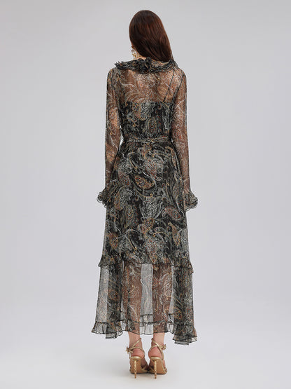 Cashew Flower Ruffle V-Neck Silk Dress