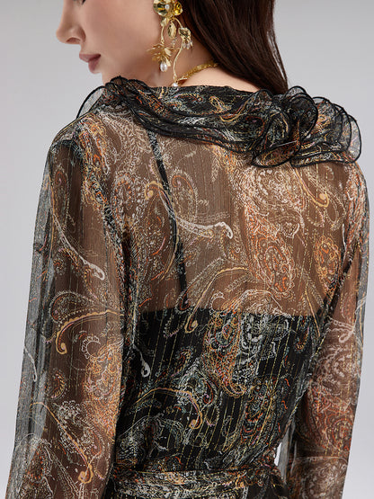 Cashew Flower Ruffle V-Neck Silk Dress