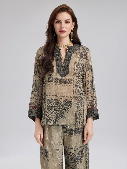 French Ramie Paisley Print Top