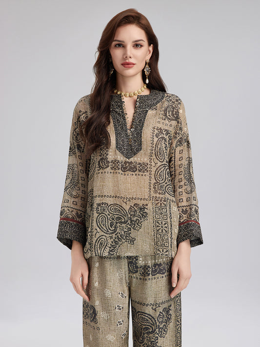 French Ramie Paisley Print Top
