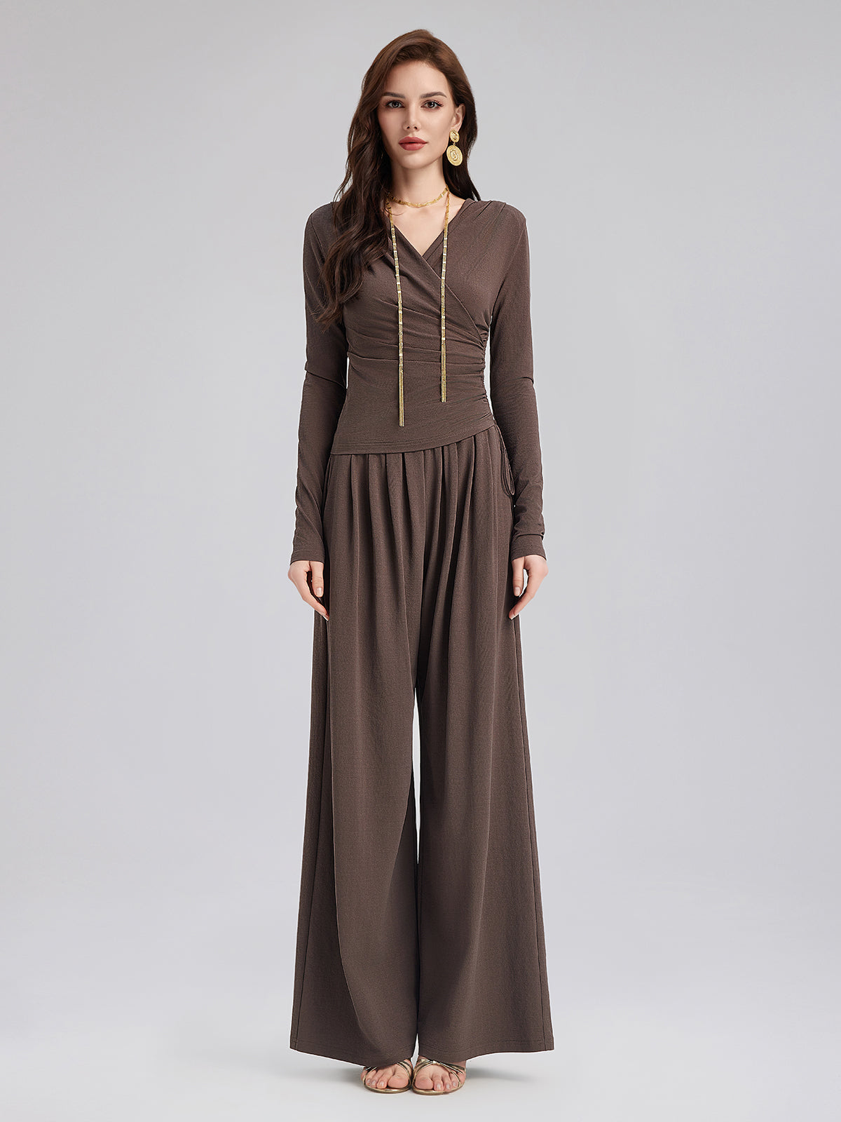 Ruched Wrap V-Neck Knit Top