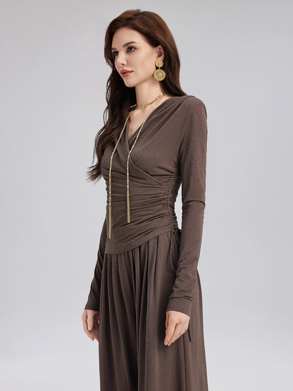 Ruched Wrap V-Neck Knit Top