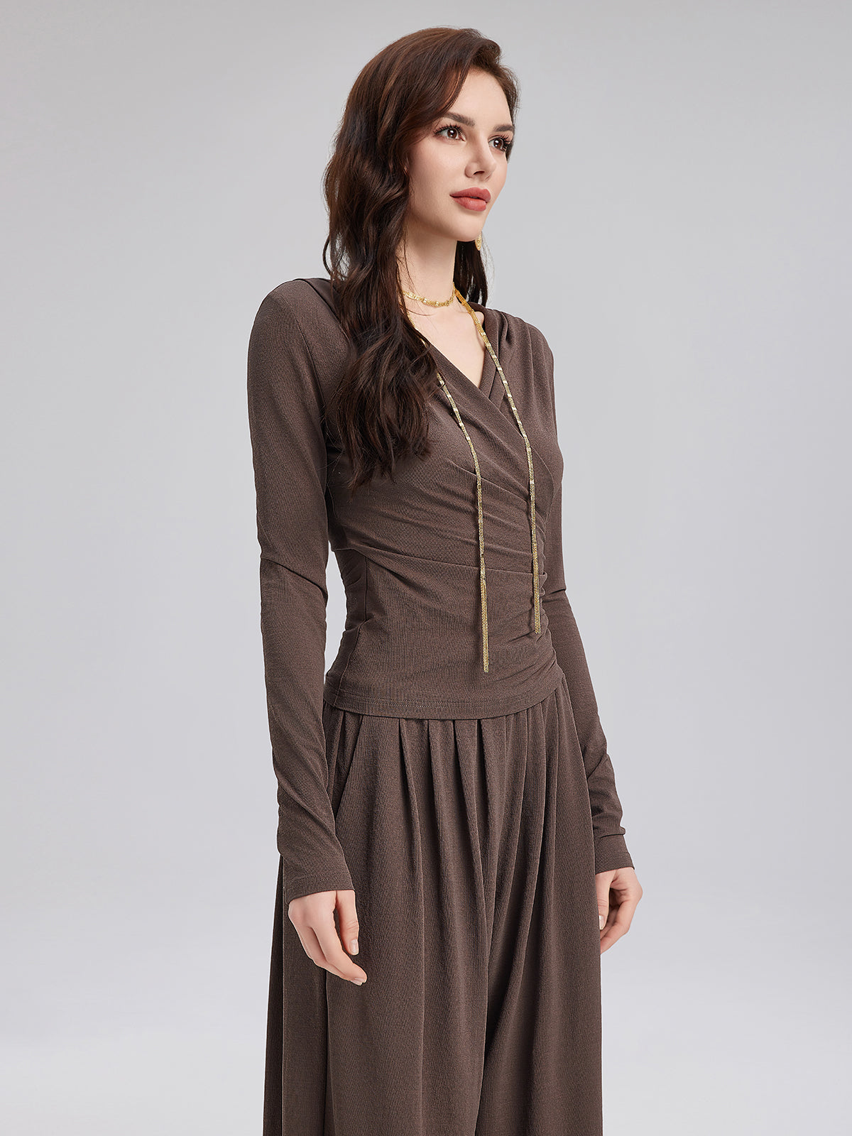Ruched Wrap V-Neck Knit Top