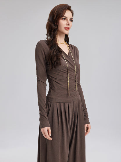 Ruched Wrap V-Neck Knit Top