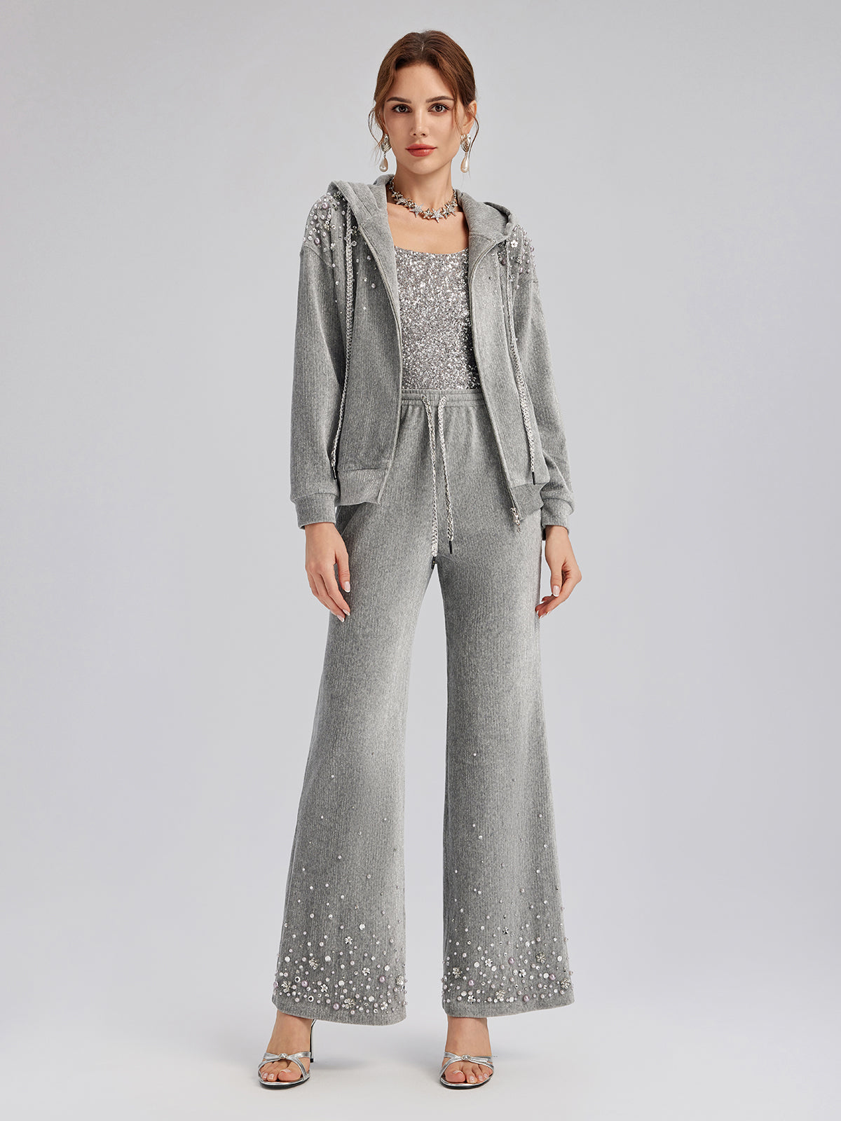 Chenille Ribbed Beaded Hooded Zip Jacket