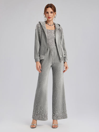 Chenille Ribbed Beaded Hooded Zip Jacket