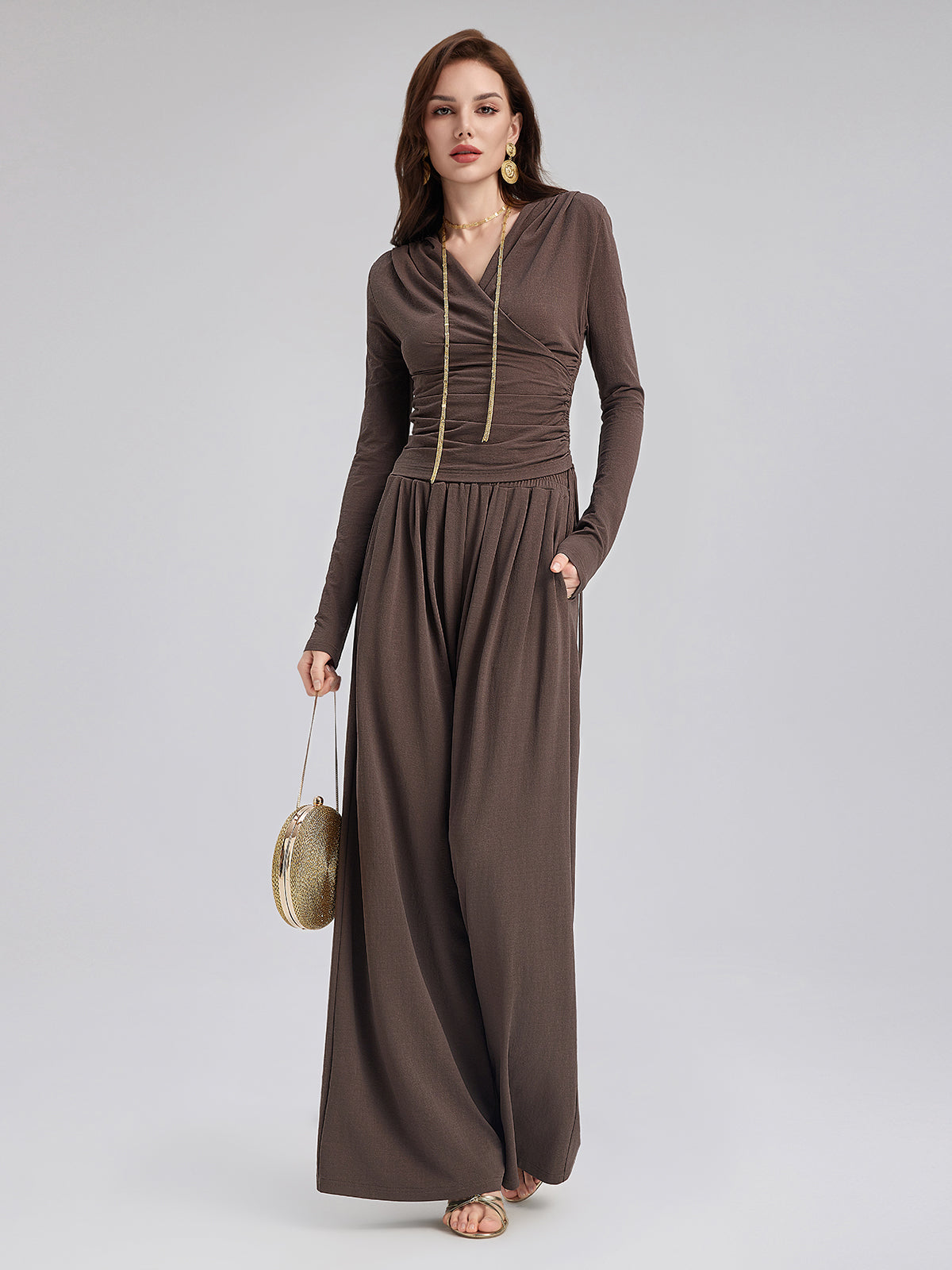 Ruched Wrap V-Neck Knit Top