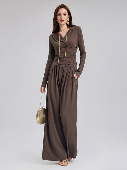 Ruched Wrap V-Neck Knit Top