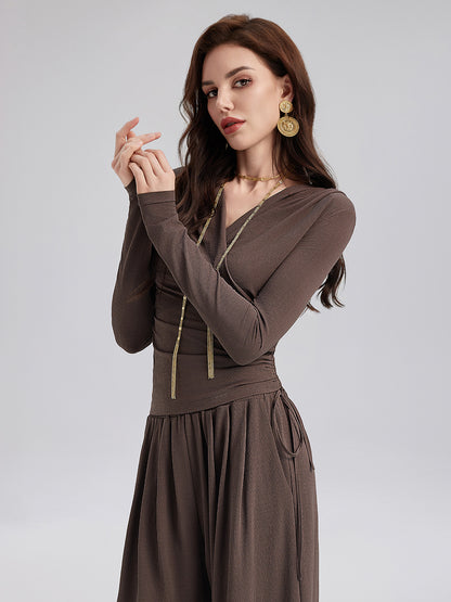 Ruched Wrap V-Neck Knit Top