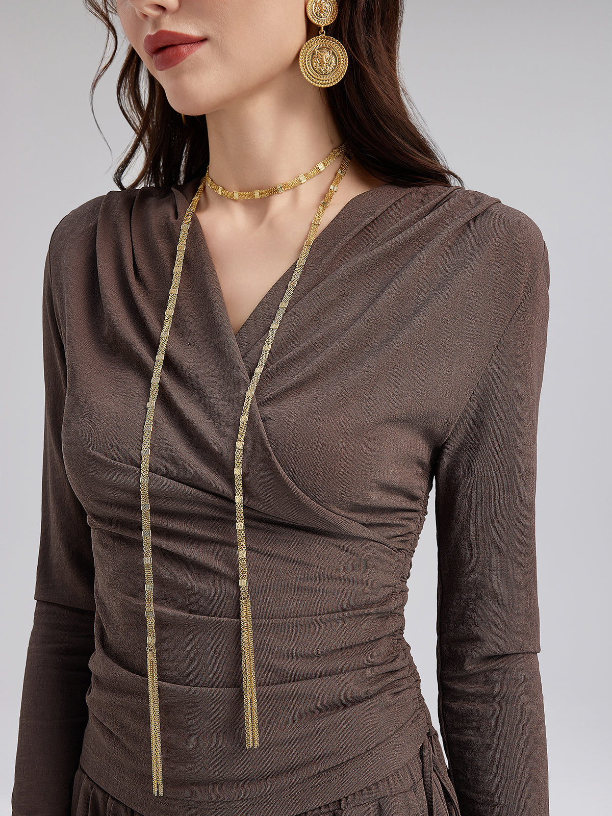 Ruched Wrap V-Neck Knit Top