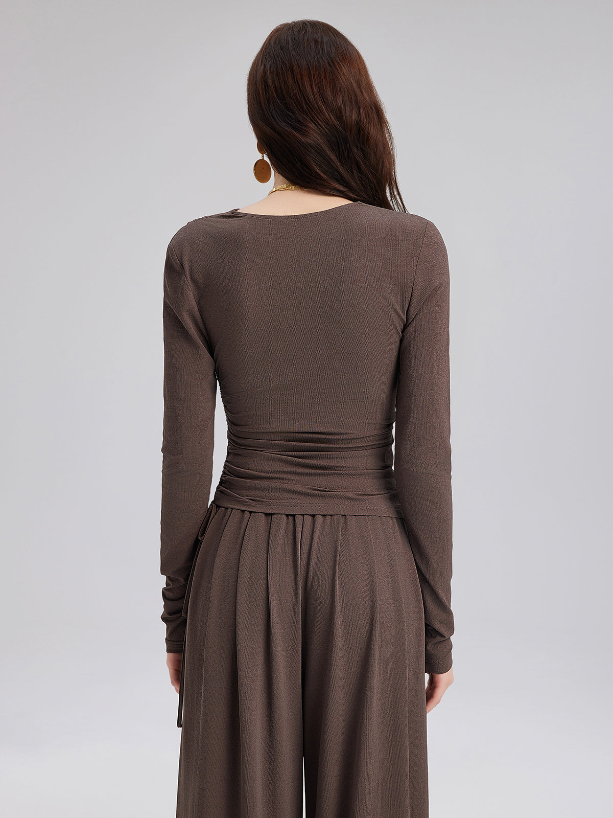 Ruched Wrap V-Neck Knit Top