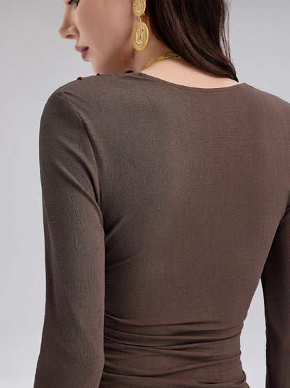 Ruched Wrap V-Neck Knit Top