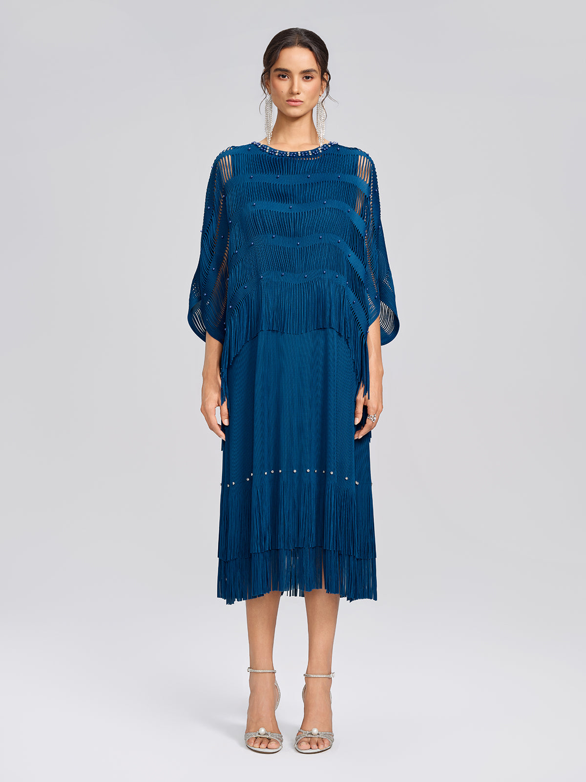 Hand-Beaded Openwork Burnout Cape Dress Set