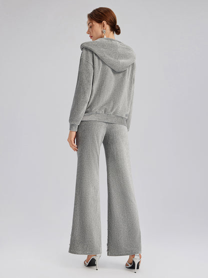 Chenille Ribbed Beaded Hooded Zip Jacket