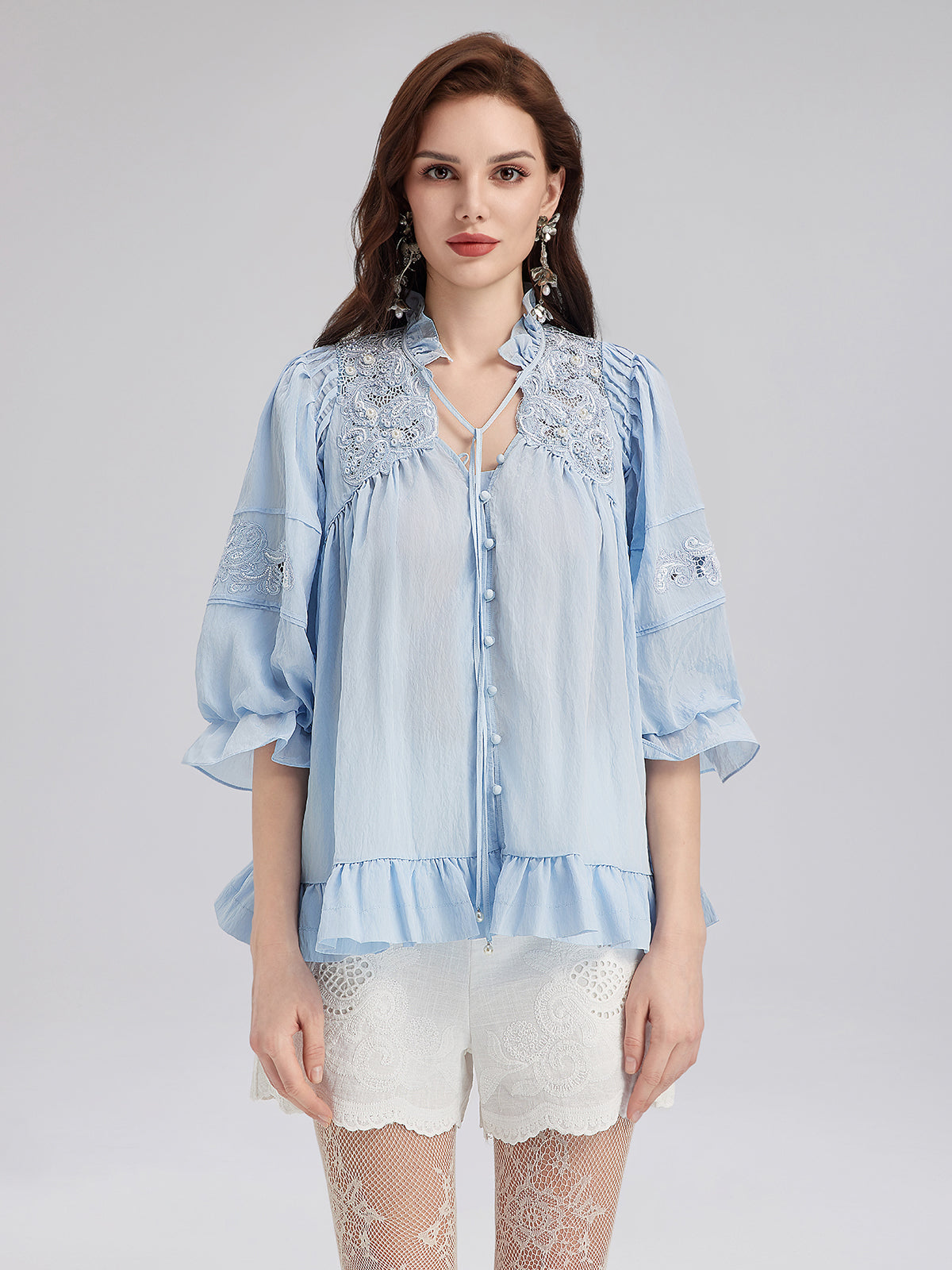 Beaded Lace Embroidered Peplum Top