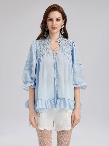 Beaded Lace Embroidered Peplum Top