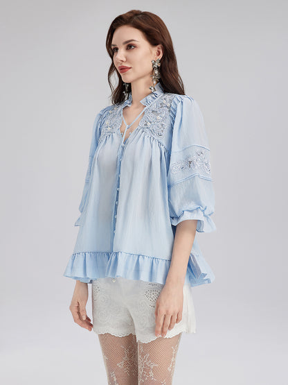 Beaded Lace Embroidered Peplum Top