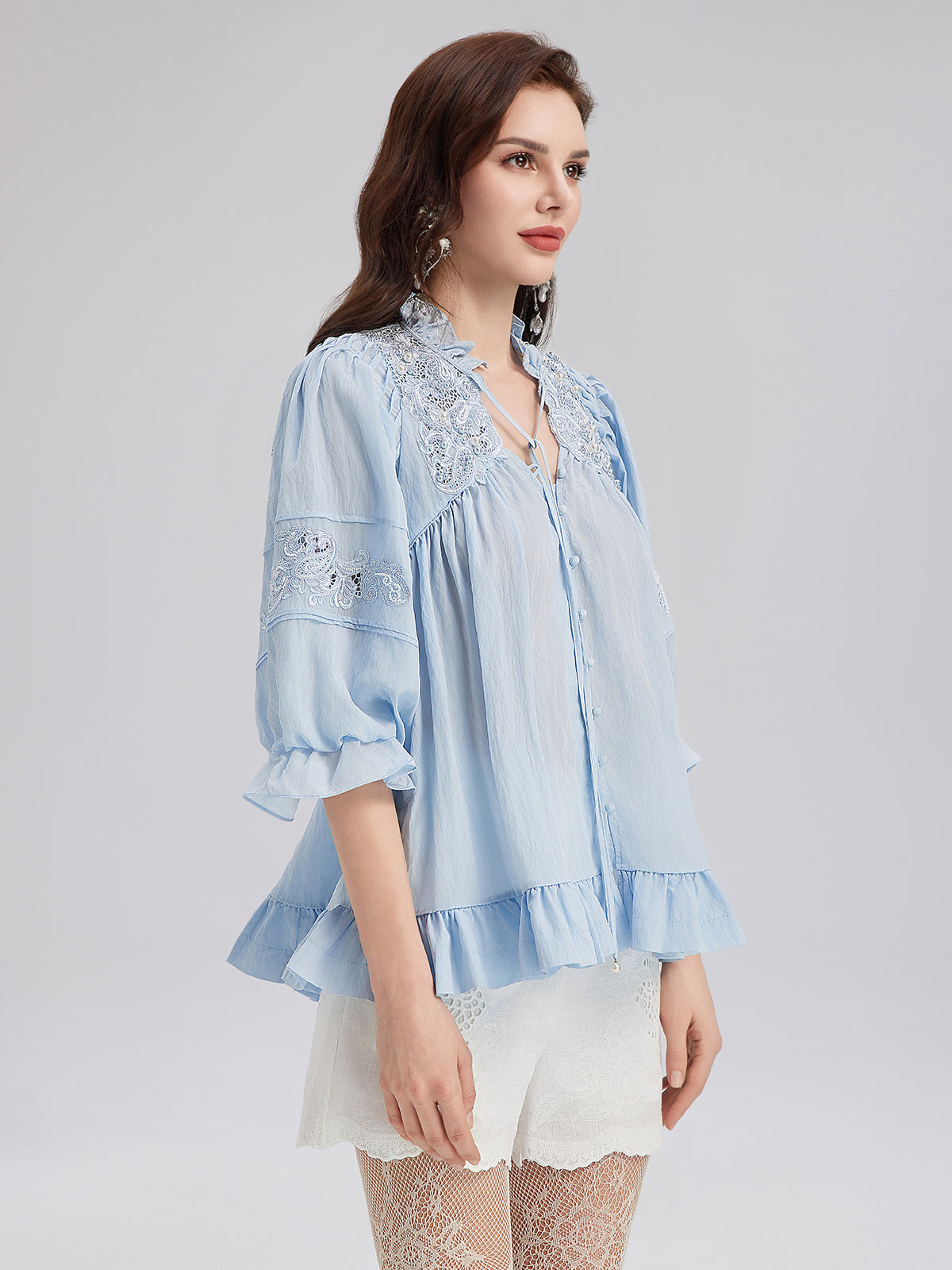 Beaded Lace Embroidered Peplum Top