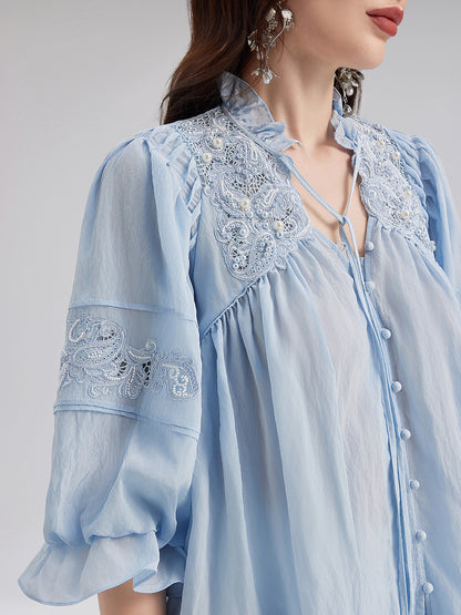 Beaded Lace Embroidered Peplum Top