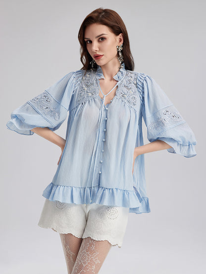 Beaded Lace Embroidered Peplum Top