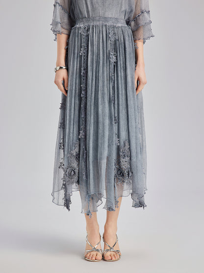 Elegant 3D Lace Dyed Silk Skirt