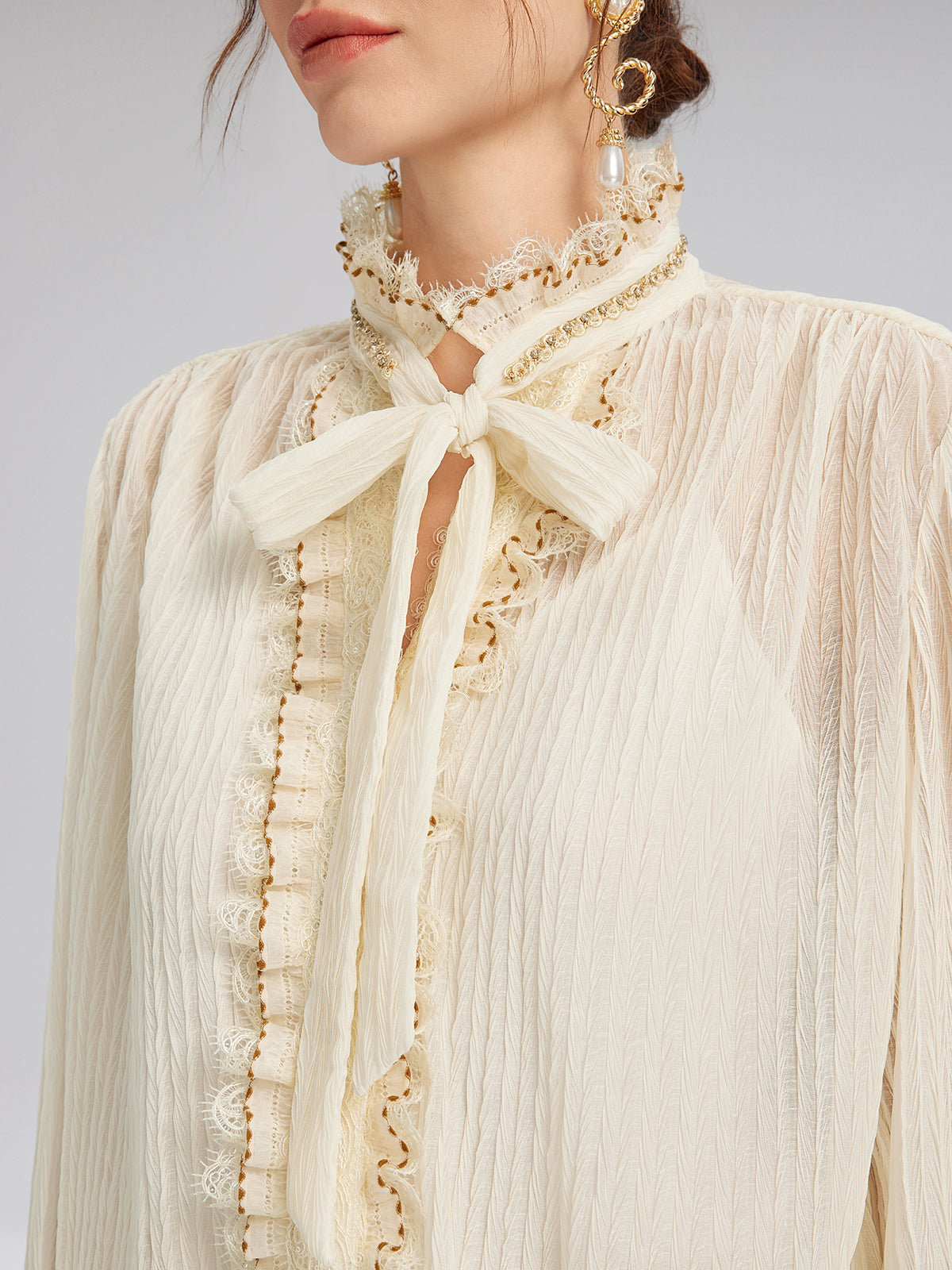 Pleated Lace-Ruffle Trim Bow-Tie Blouse