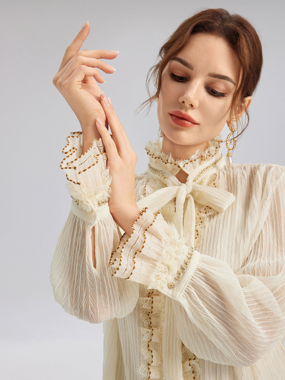 Pleated Lace-Ruffle Trim Bow-Tie Blouse
