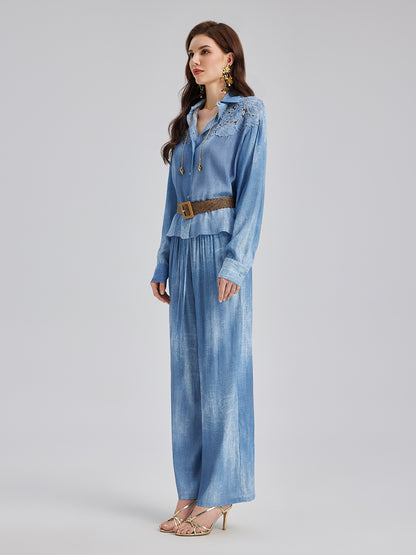 Appliqué Embroidery Denim Gradient Shirt