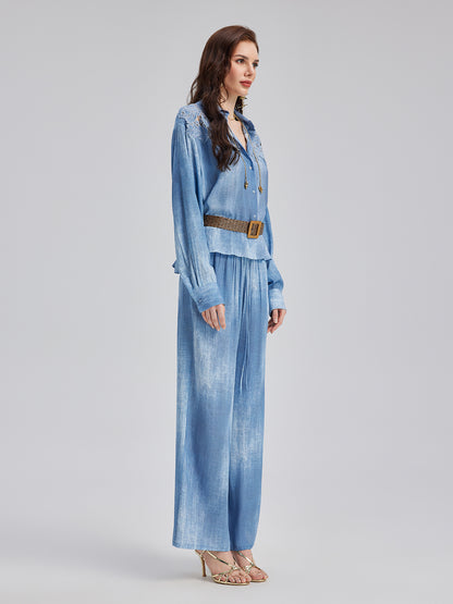 Appliqué Embroidery Denim Gradient Shirt
