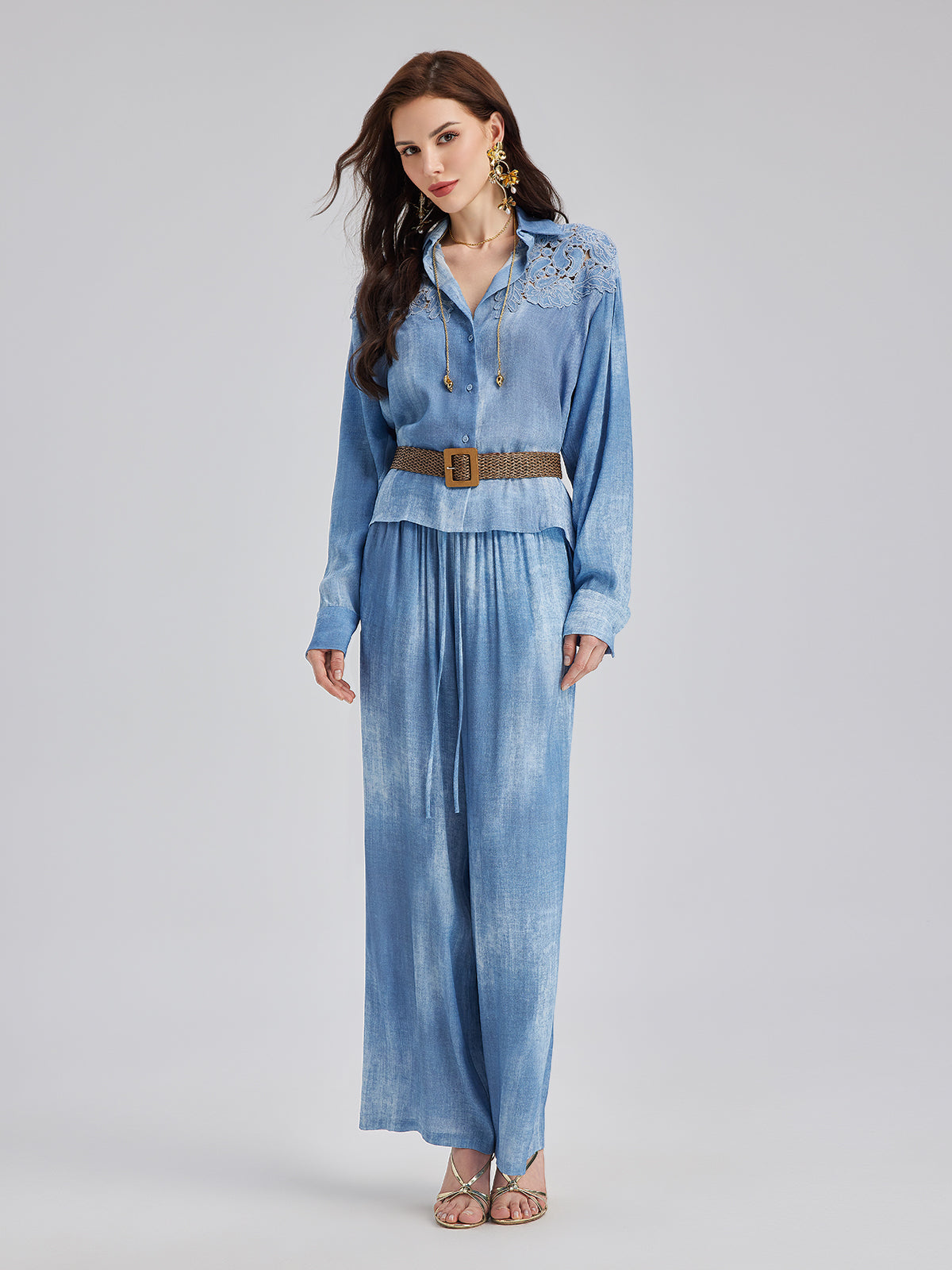 Gradient-Dyed Printed Denim Pants