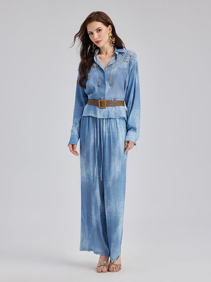 Gradient-Dyed Printed Denim Pants