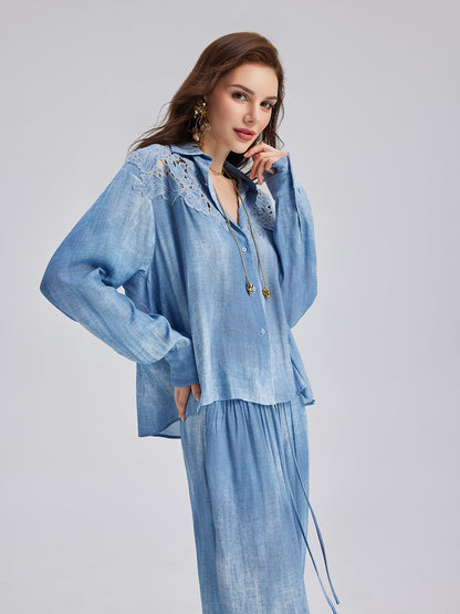 Appliqué Embroidery Denim Gradient Shirt