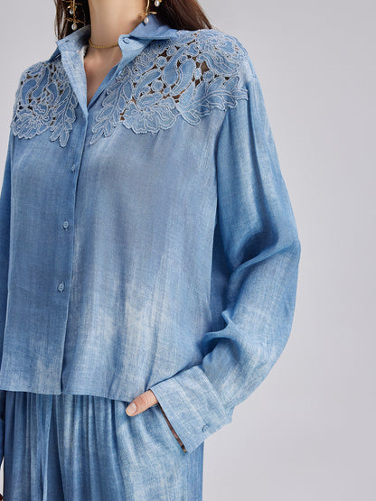 Appliqué Embroidery Denim Gradient Shirt