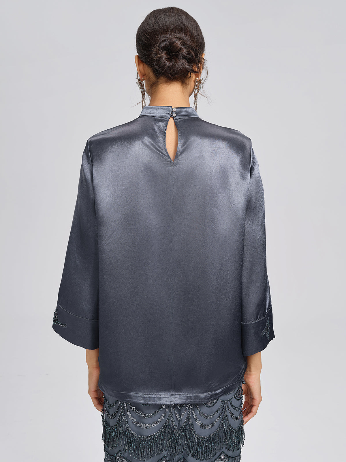 Satin Floral Embroidery Mandarin Collar Blouse