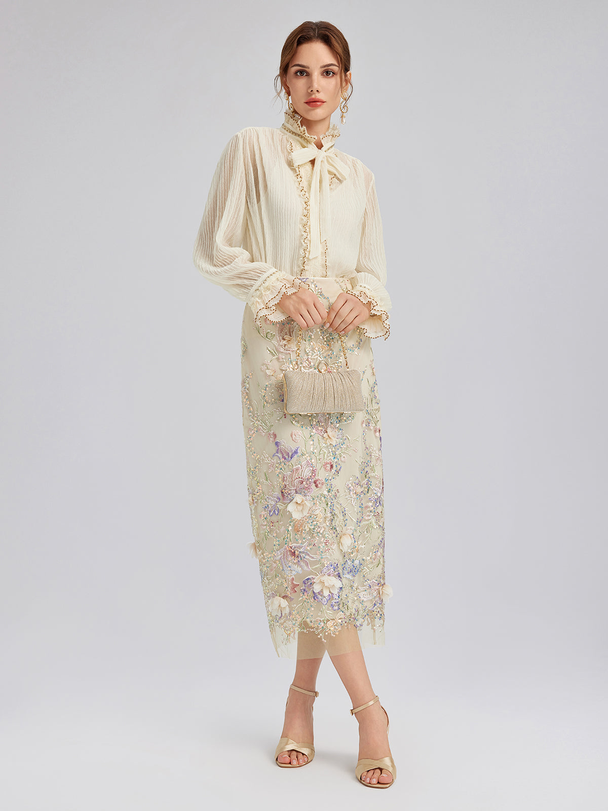 Pleated Lace-Ruffle Trim Bow-Tie Blouse