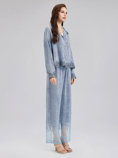 Custom Denim-Effect Gradient Elastic Trousers