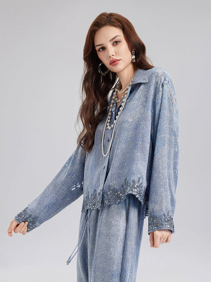 Custom Denim-Effect Gradient Lace Shirt