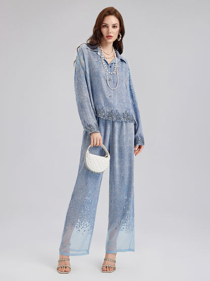 Custom Denim-Effect Gradient Elastic Trousers