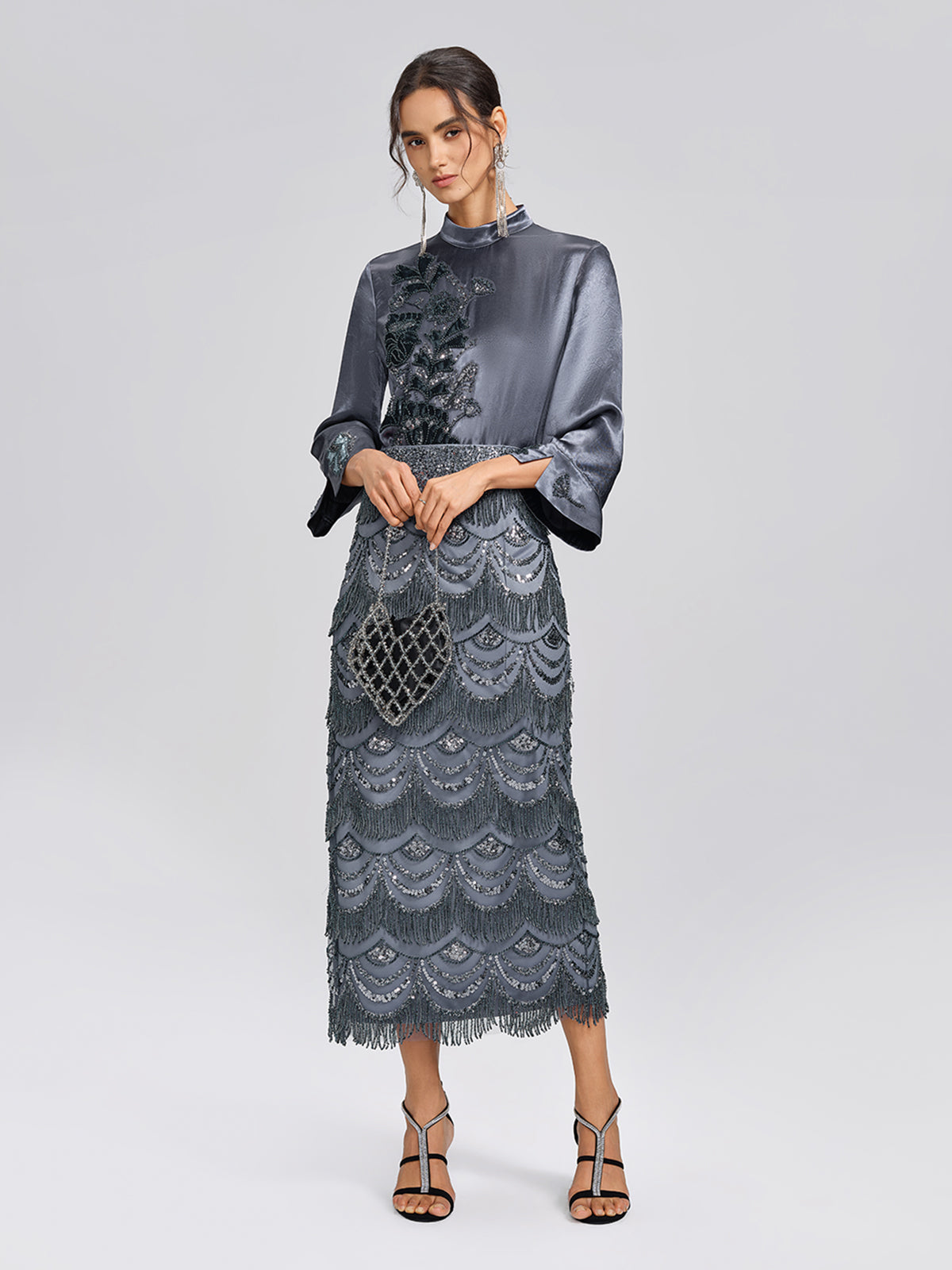 Satin Floral Embroidery Mandarin Collar Blouse
