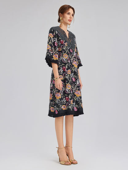 Sequin-Embroidered Raw-Edge V-Neck Dress