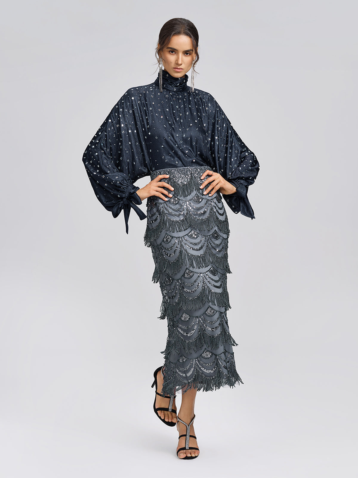 Satin Floral Embroidery Mandarin Collar Blouse