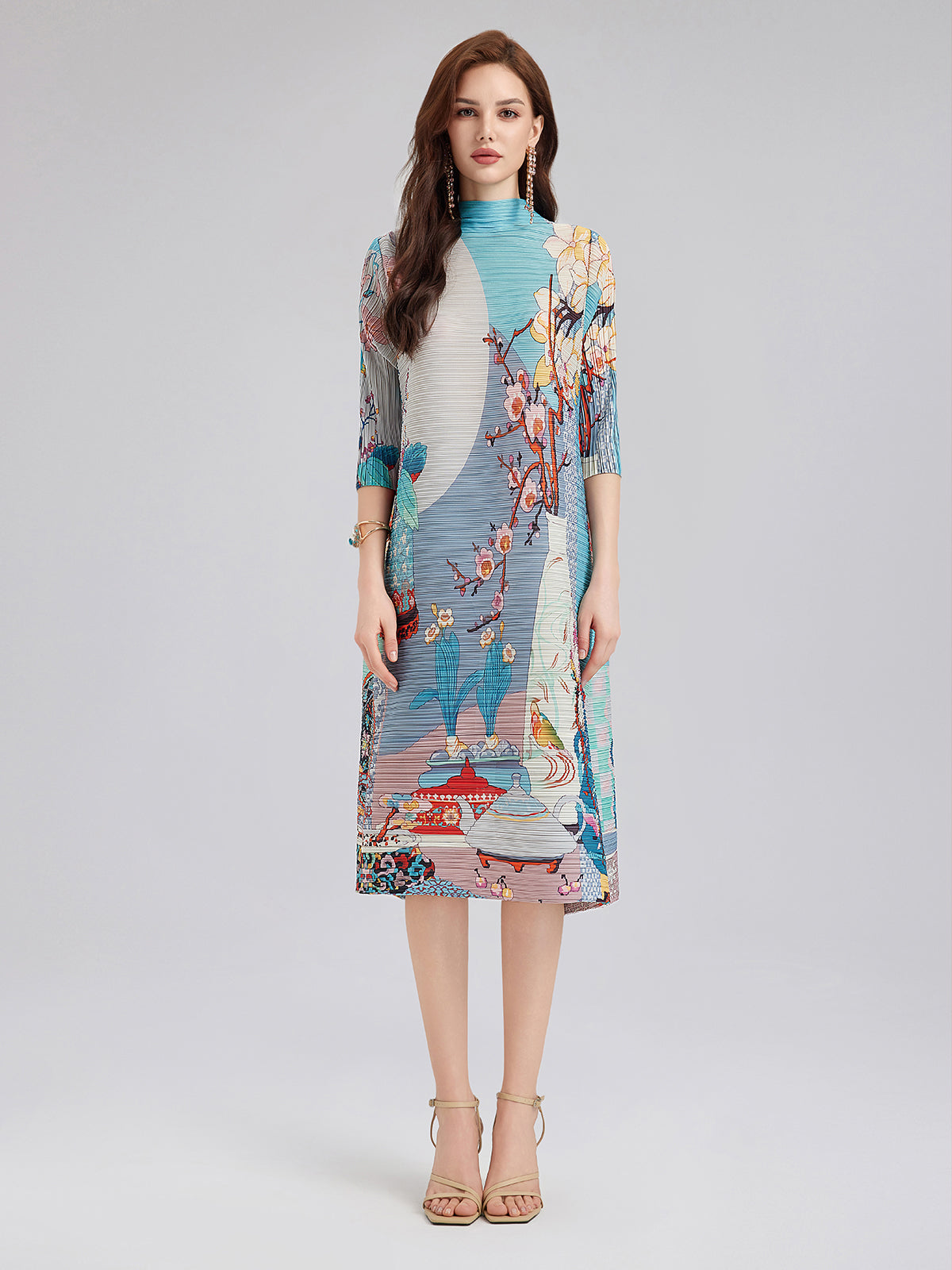 Artistic Print Pleated High Neck Dress (Slip Dress Included)