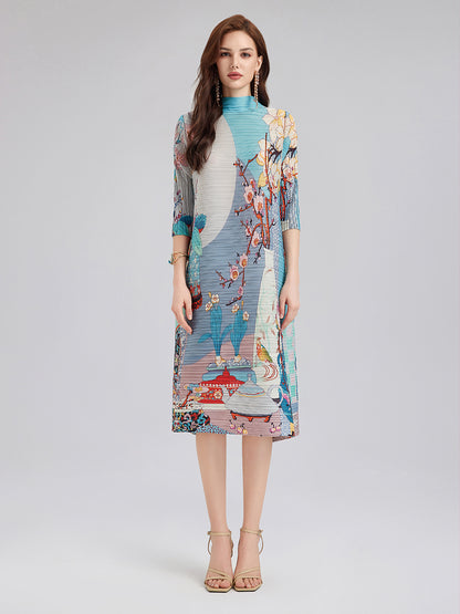 Artistic Print Pleated High Neck Dress (Slip Dress Included)
