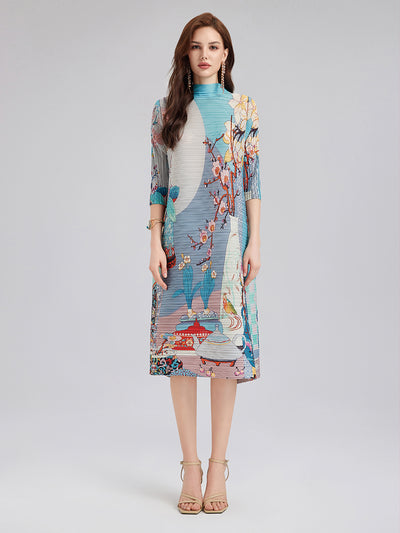 Artistic Print Pleated High Neck Dress (Slip Dress Included)