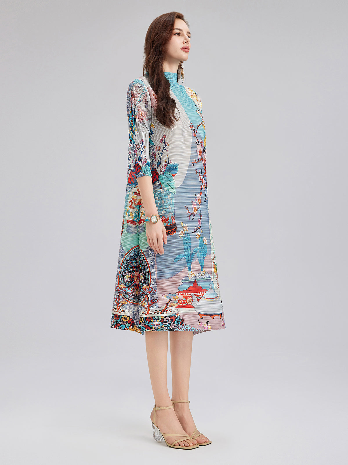 Artistic Print Pleated High Neck Dress (Slip Dress Included)