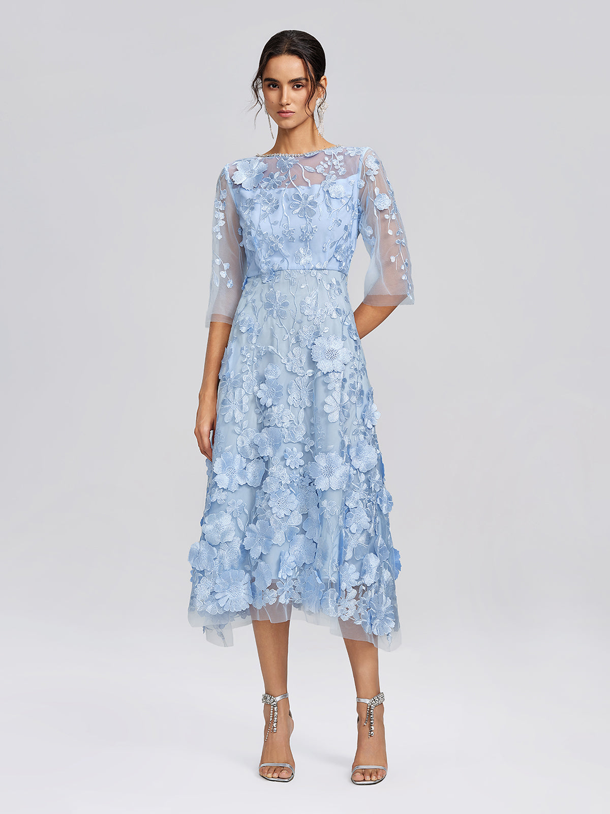 3D Floral Embroidered Mesh X-Waist Dress