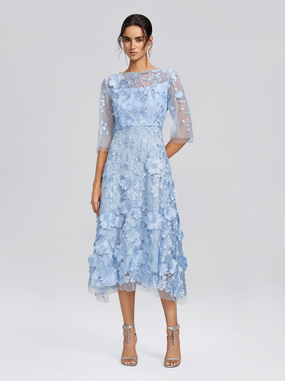 3D Floral Embroidered Mesh X-Waist Dress