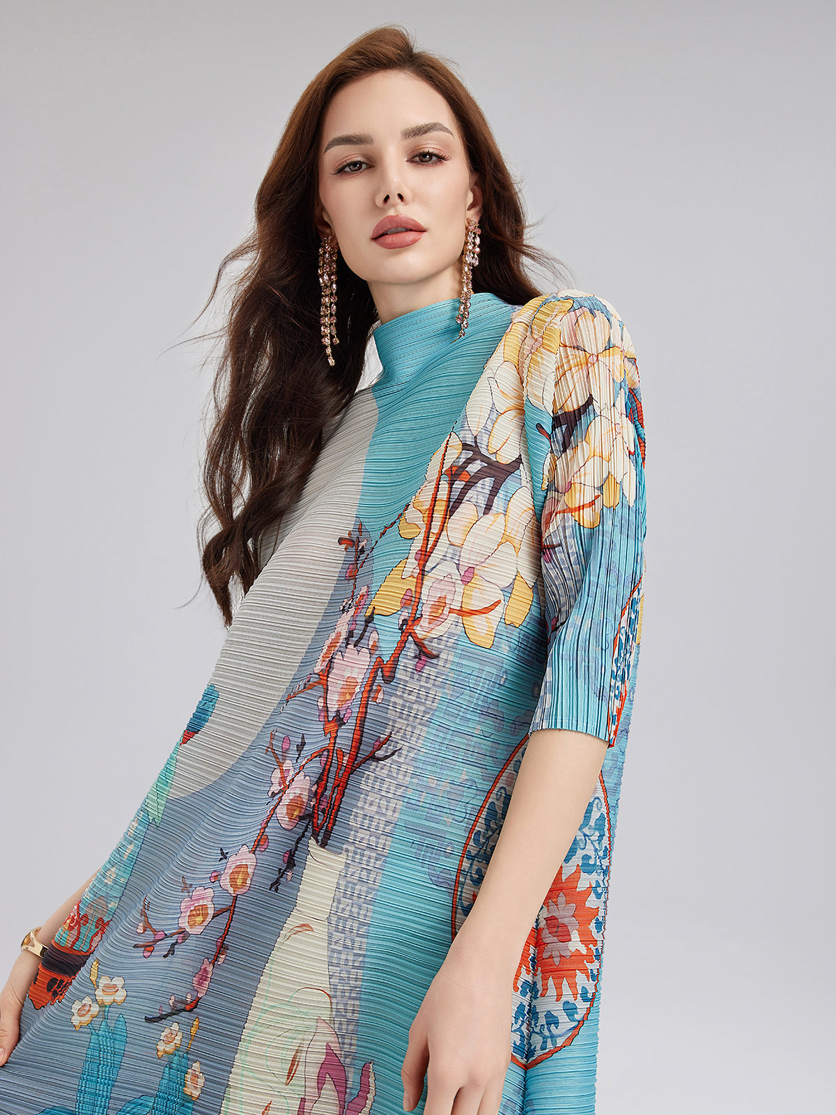 Artistic Print Pleated High Neck Dress (Slip Dress Included)